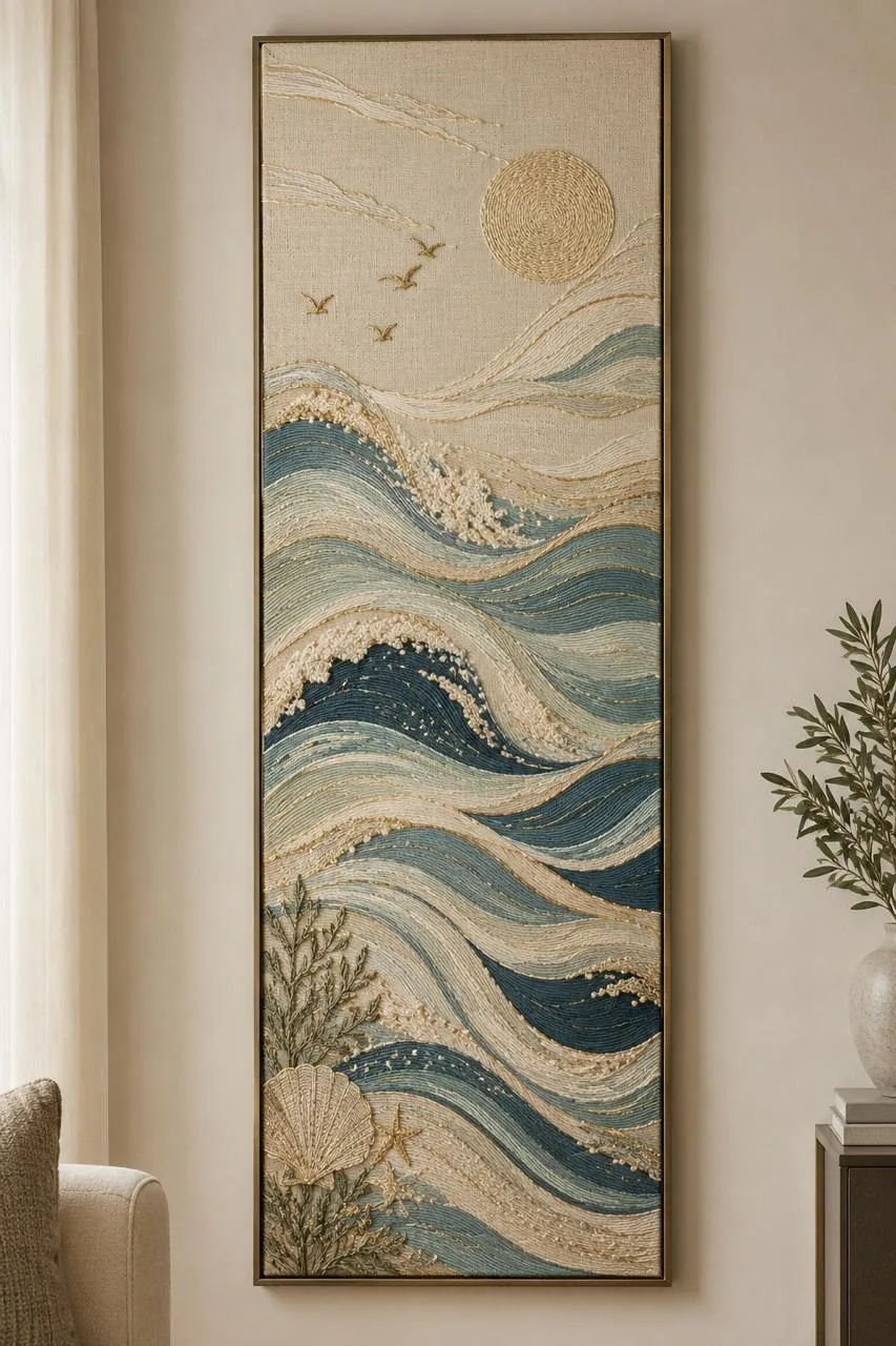 Hand-embroidered textile artwork of ocean waves at sunrise, framed on a wall